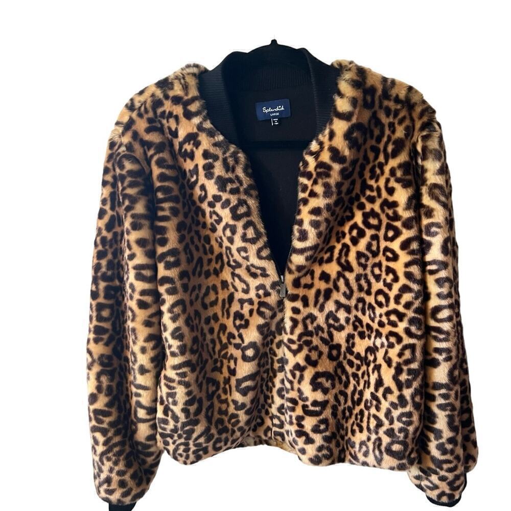 Splendid Leopard Print Faux Fur Bomber Jacket - Tan & Black